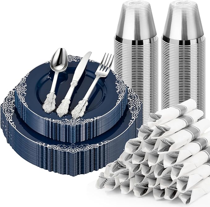 175PCS Navy Blue Plates for 25 Guests, Disposable Dinnerware Sets Include 50 Plastic Plates, 25 Silverwares, 25 Cups, and 25 Pre Rolled Napkins for Party, Wedding and Graduation