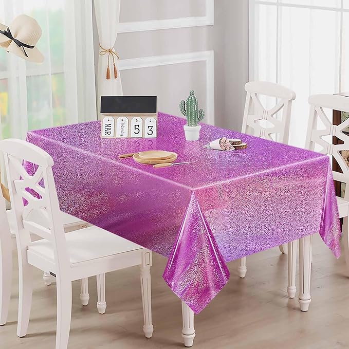 1 Pack Hot Pink Iridescent Plastic Tablecloth Disposable 54 × 108 Inch Glitter Holographic Foil Table Cloth Plastic Laser Rectangle Table Cover for Birthday Wedding Disco Party