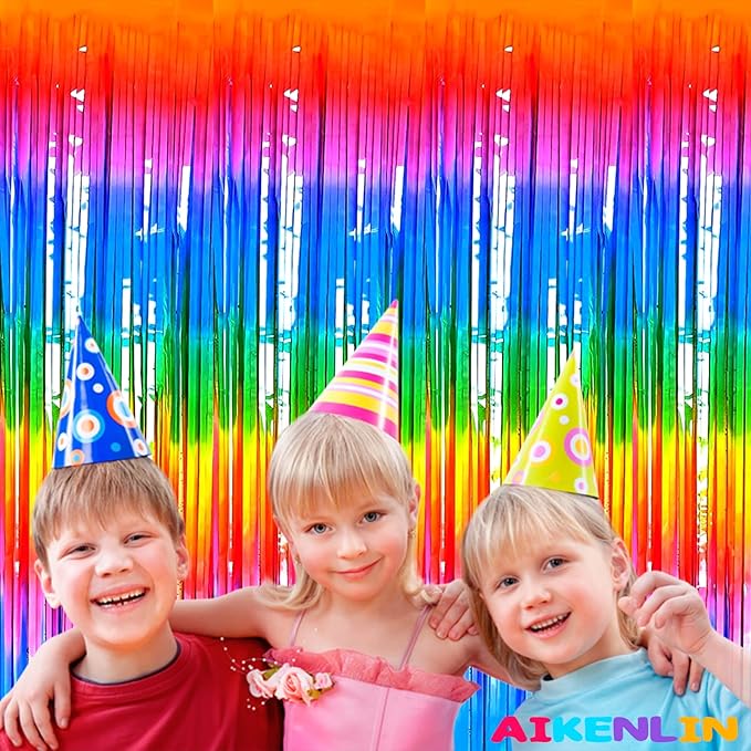 4 Pack 3.2Ft x 8.2Ft Rainbow Foil Fringe Curtain Backdrop, Metallic Tinsel Foil Fringe Streamers Curtains Background for Photo Booth, Birthday, Wedding, Disco, Bachelorette, Christmas Party Decoration