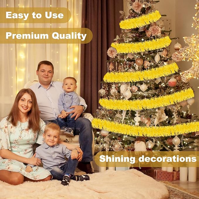 50 Feet Macaron Yellow Christmas Tinsel Garland, Metallic Foil Twist Banner Wall Hanging Tinsel Streamers Backdrop for Parade Floats, Christmas, Mother's Day, Birthday Party Decorations(2in x 50ft)