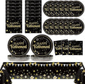 Happy Retirement Party Supplies Serves 24 Black and Gold Retirement Party Paper Plates Napkins Retirement Tablecloth Set Tableware Kit for Men Women Say Goodbye Party