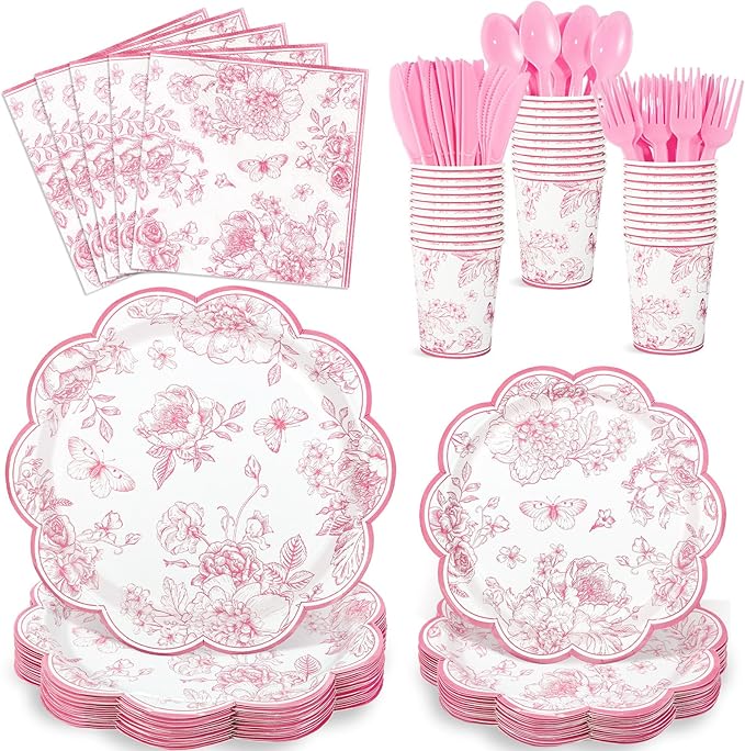 175 Pcs Pink Floral Plates and Napkins, 25 Guest Scalloped Vintage Floral Party Decorations Include Toile Plates Napkins Cups Cutlery for Mothers Day, Wedding, Bridal Baby Shower Tea Party