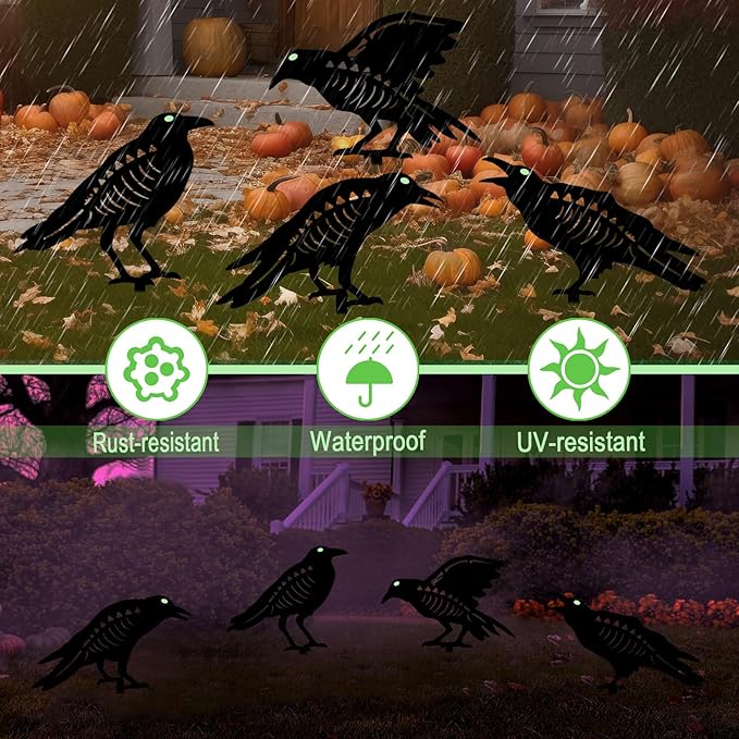 Halloween Decorations Outdoor,Metal 4 Pack Black Crow Garden Stake - Spooky Glow in The Dark Raven Silhouette Crows Halloween Decorations