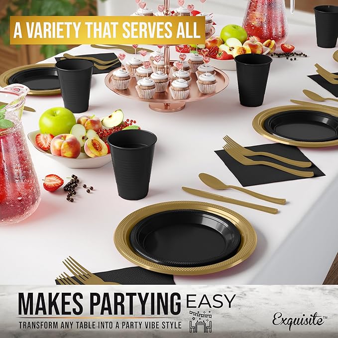 350 Pcs Black & Gold Plastic Plates For Party, Black & Gold Disposable Plates Set, 50 Of Each 9" Dinner Plate Set, 7" Dessert Plate, Cups, Napkins & Cutlery Plastic Dinnerware Exquisite