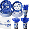 Graduation Party Supplies Congrats Grad Plates and Napkins Set Serve 50, Disposable Tableware Paper Plates Napkins Cups Knives Spoons Forks Straws for Class of 2026 Graduation Party Decorations (Blue)