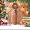 CYLYH 10x10FT Christmas Barn Wood Door Photography Backdrop Xmas Tree Snow Gift Wall Floor Party Photo Background for Holiday New Year Party Banner Family Holiday Party Supplies D554
