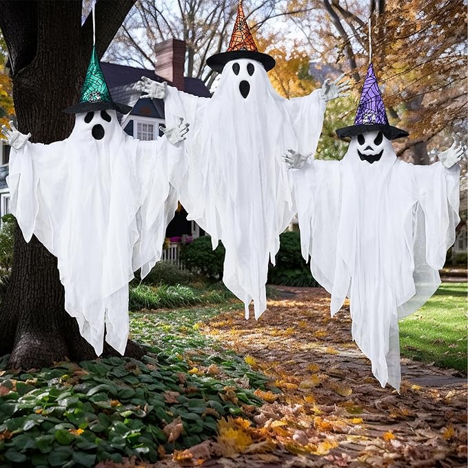 JOYIN 3 Pack 24.8" Halloween Hanging Ghost Decorations, Halloween White Flying Ghost with Hats for Haunted House Graveyard Scene, Spooky Indoor and Outdoor Decor