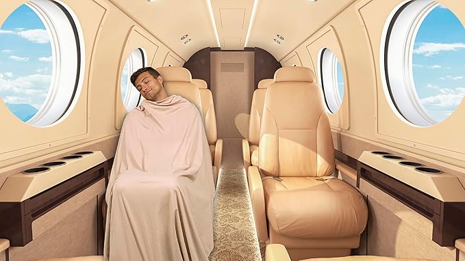 BlueHills Travel Blanket Pillow Compact Lightweight Pocket Size Airplane Traveling Essential Flight Trip Throw in Bag Portable Case Plane Accessory Beige L06