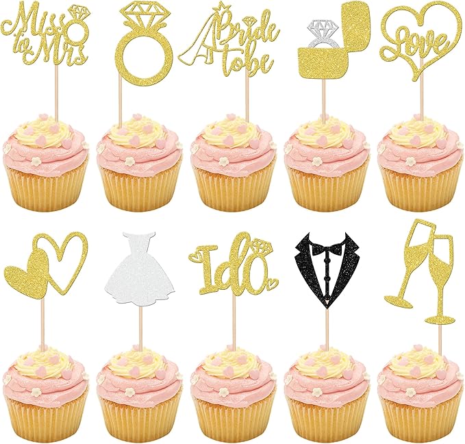 30 PCS Bride to Be Cupcake Toppers Glitter Wedding Cupcake Toppers I Do Love Heart Ring Miss to Mrs Cupcake Picks for Bridal Shower Wedding Engagement Party Cake Decorations Supplies Gold