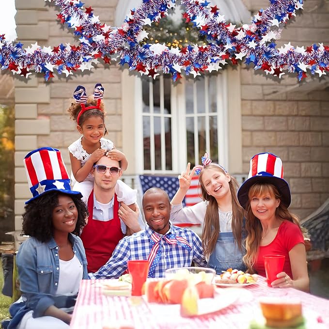 4th of July Garland Decorations,50Ft Glitter Tinsel Patriotic Decor for Tree Car Golf Cart Parade Float Bike Party Table Yard Door Boat Indoor Outdoor Holiday Home