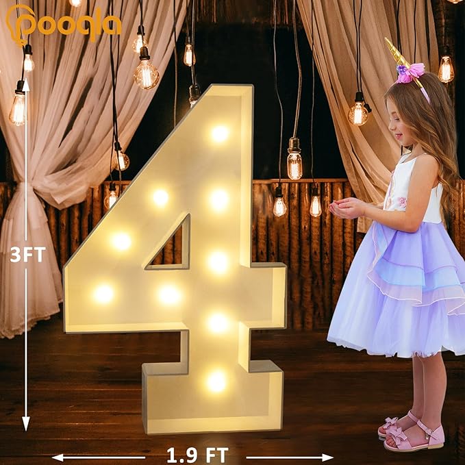 Pooqla 3FT Light Up Marquee Numbers, LED Large Lighted Marquee Numbers for Party Decoration, Giant Mosaic Number for Balloon 4th 14th 40th Birthday Decoration, Cool White and Warm White 4