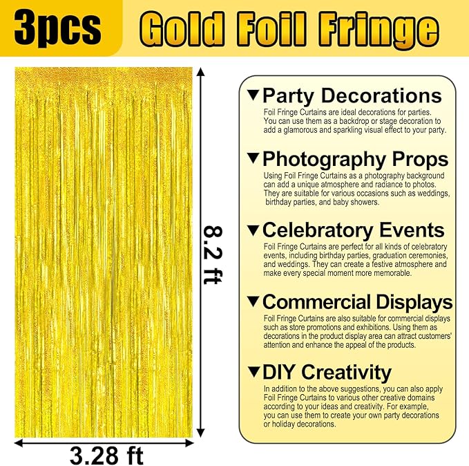 3 Pack Gold Foil Fringe Curtain Backdrop, 3.28Ft x 8.2Ft Metallic Tinsel Foil Fringe Streamer Curtains for Photo Booth, Mother's Day, Easter, Birthday, Wedding Party Decorations