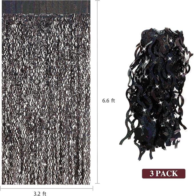 Black Foil Curtain Backdrop, CYLMFC 3 Pack 3.3 ft x 6.6 ft Sparkle Metallic Foil Curtains for Photo Booth Props Decoration,Graduation,Fiesta,Halloween Party Decor