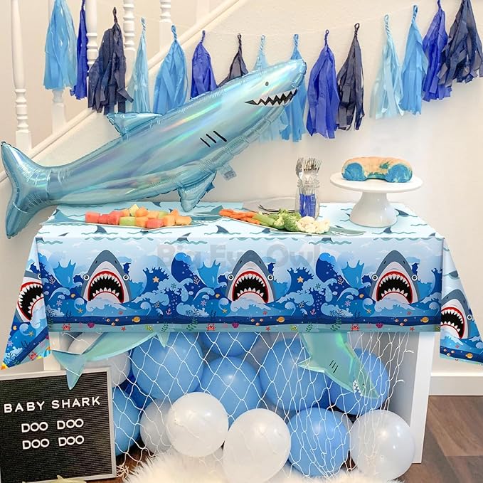 2 Pcs Shark Party Tablecloths Plastic Disposable Birthday Party Table Cloth Rectangle Tablecovers Decorations Blue Boys Shark Theme Party Supplies 54x108 Inch