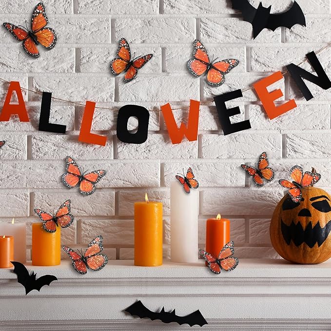 Waydress 24 Pieces Halloween Monarch Butterfly Decorations 3 Size Artificial Monarch Butterflies Wall Decor 3D Butterfly Wing Wall Art with Wire for Fall Wedding Home Bedroom Decorations(Orange)