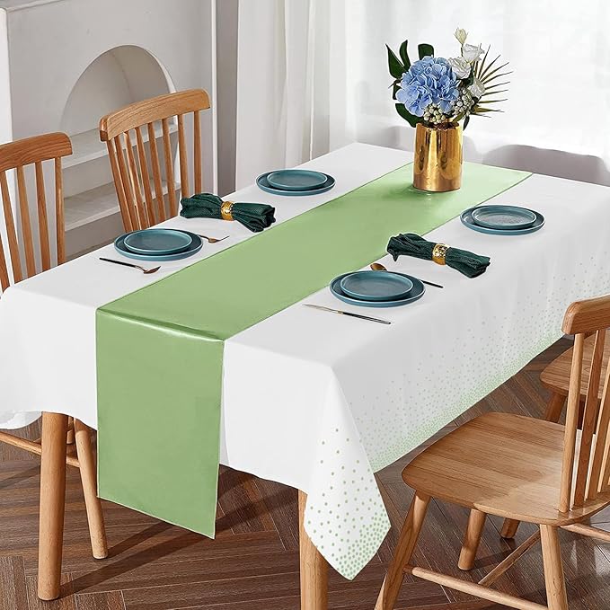 8Pack Plastic Tablecloths and Satin Table Runner Set Disposable White and Sage Green Dot Table Cloth Green Satin Table Runner for Wedding Birthday Baby Shower Anniversary Holiday Party Decorations