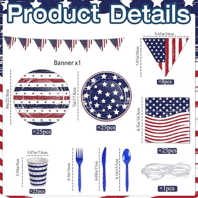 OuMuaMua Patriotic Party Supplies 184 Pcs American Flag Themed Tableware Set 4th of July Disposable Paper Plates Napkins Cups and Banner for Independence Day Memorial Day Party Decorations Serves 25