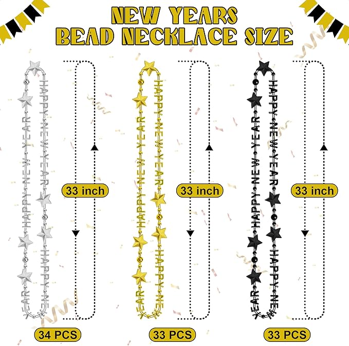 24PCS New Years Necklace Decorations, Bead Necklaces Party Supplies 2026, HAPPY NEW YEAR Star Necklaces Bulk Accessories, Black Gold Silver Bead Necklace 2026 Decorations