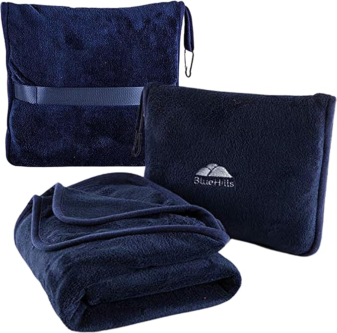 BlueHills Premium Soft Travel Blanket Pillow Airplane Blanket Packed in Soft Bag Pillowcase with Hand Luggage Belt Compact Pack Large Long Flight Essentials Portable Navy Blue T002