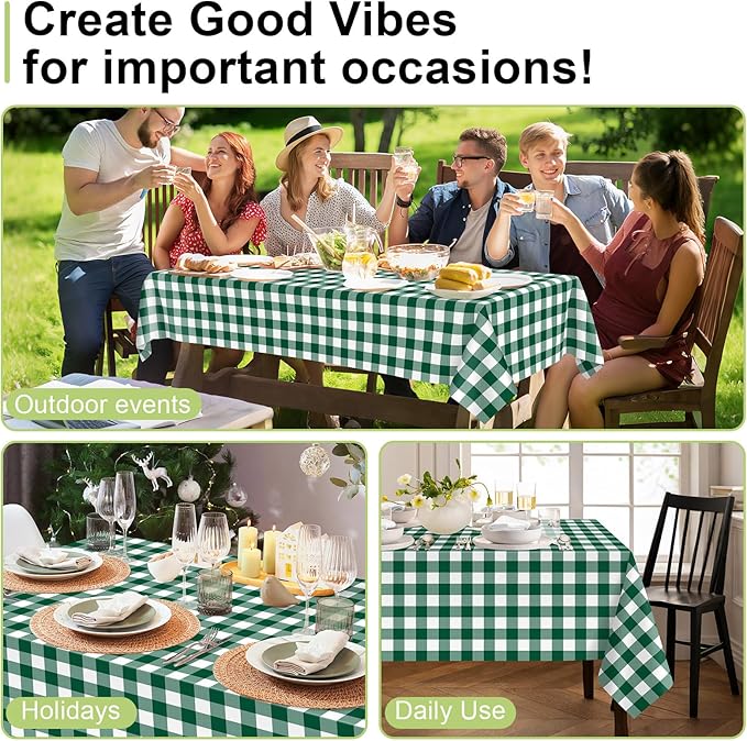 QIKSION Green Gingham Tablecloth Disposable 12 Pack, 54 x 108 Inch Green and White Checkered Table Cloth for Camping, Birthday, Masters Golf Party Supplies, Rectangle, Plastic Table Cover