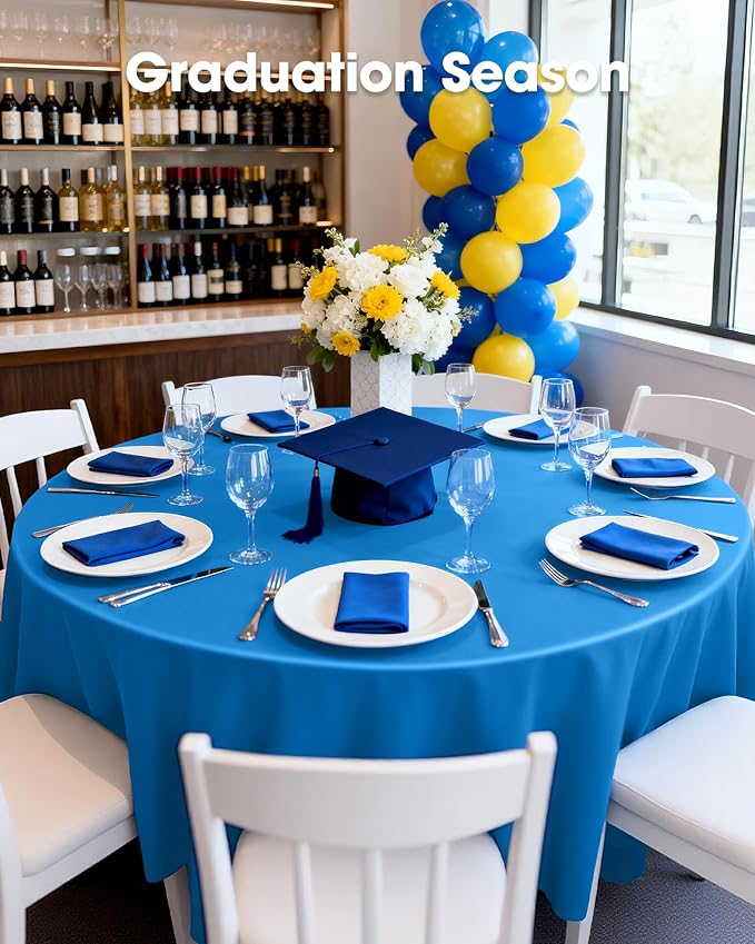 Pureegg Plastic Table Cloth Disposable 6 Pack, 84'' Round Table Cloths, Graduation, Patriotic Decorations, Thanksgiving, Veterans Day Tablecloths, Round, Plastic Cover, Waterproof, Blue