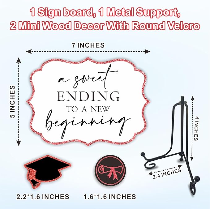 5"X7" Red Grad Party Wooden Table Sign - A Sweet Ending To A New Beginning - Buffet Sign, Treat Sign With Metal Support & 2 DIY Wood Decor With Velcro, Grad Party Decorations & Supplies - B06