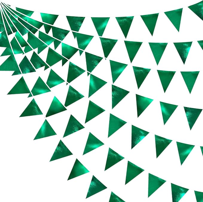 Green Party Decorations Triangle Pennant Banner Flag Dark Green Metallic Fabric Bunting Garland for Graduation Wedding Bridal Shower Birthday Baby Shower Holiday Retirement Game Party Supplies