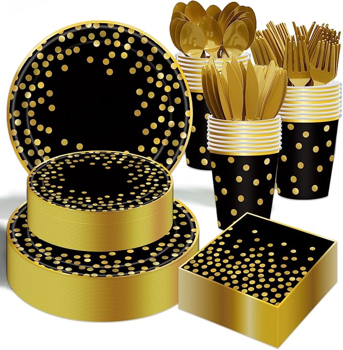 350PCS Black and Gold Paper Plates Party Supplies for 50 Guests Disposable Party Decorations Dinnerware Golden Dot Black Paper Plates Napkins Cups Gold Plastic Forks Knives Spoons for Parties