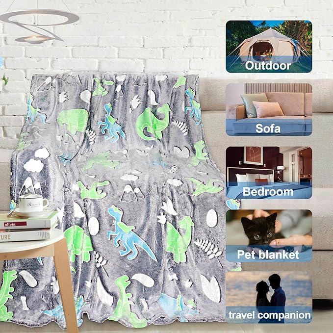 Personalized Dinosaur Glow in The Dark Kids Throw Blanket, 30"x40", Multicolor