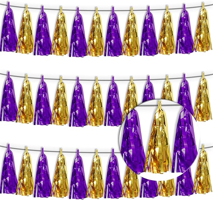 3P Purple Gold Metallic Fringe Tassel Banner Garland Foil Tinsel Streamer Wall Hanging Curtain Backdrop Banner for Parade Floats, Graduation Decorations, Halloween, Christmas Decorations