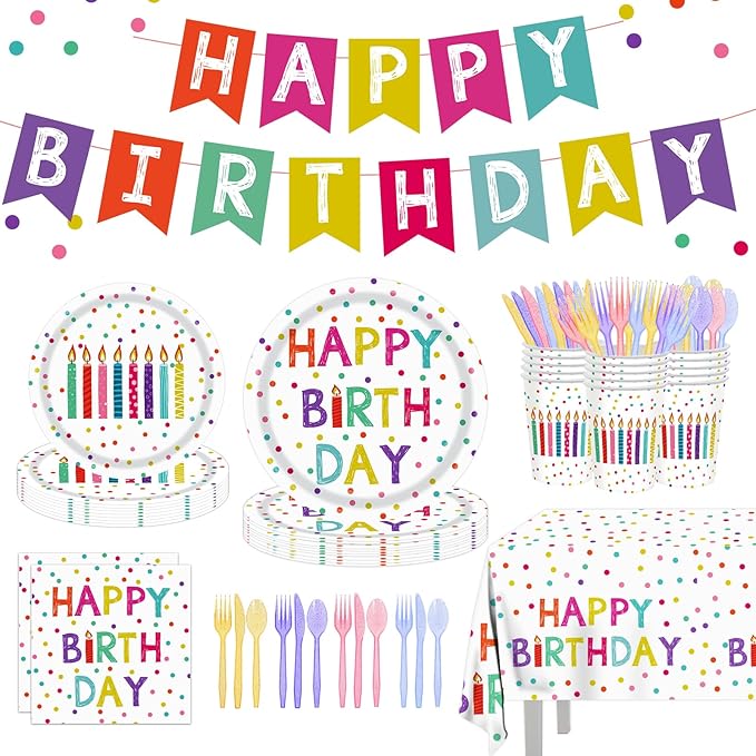142pcs Happy Birthday Party Supplies Set with Colorful Polka Dots Design- Includes Disposable Paper Birthday Plates and Napkins, Cups, Tablecloth, and Banner，Dots Party Supplies Serves 20 Guests