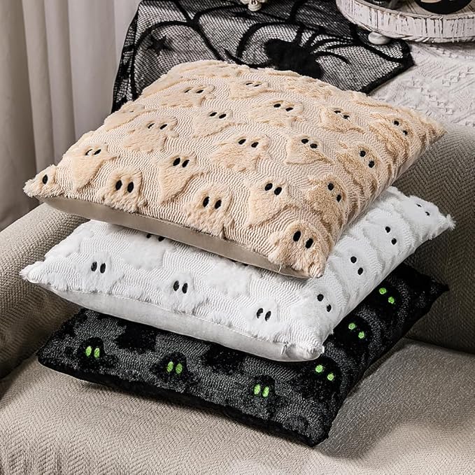 DFXSZ Halloween Pillow Covers 26x26 inch Set of 2 White Ghost Throw Pillow Cases Soft Plush Faux Fur Wool Couch Cushion Case for Chair Sofa Bedroom Living Room Home Decor PTK03A26