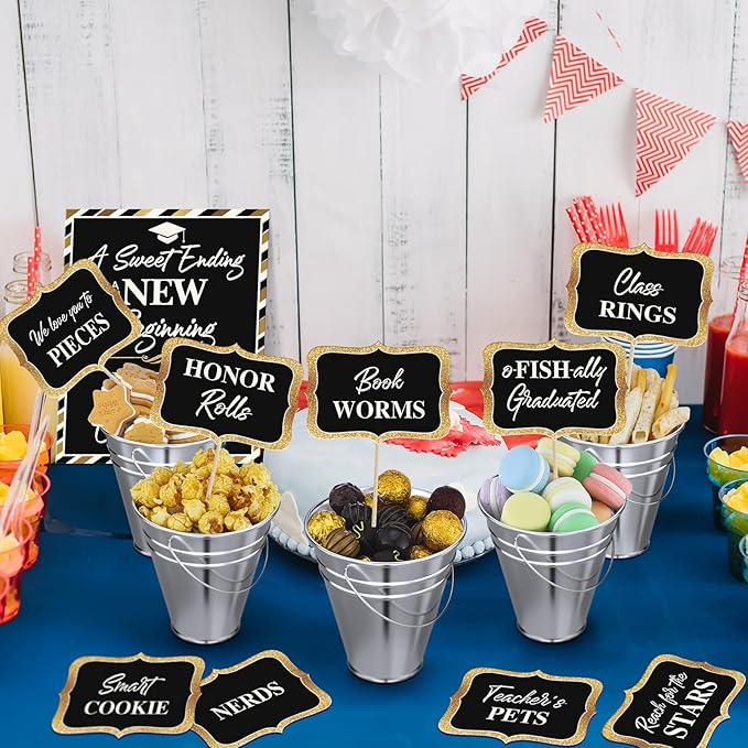 12 Set 2026 Graduation Candy Buffet Party Decoration Graduation Table Candy Bar Snack Labels Signs and 5'' Buckets with Handle for Class of 2026 Party Parties Supplies(Pure Style,Balck and Sliver)