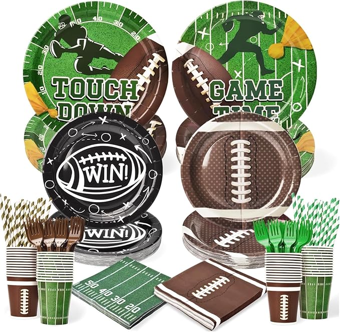 300 Pcs Football Plates and Napkins Tableware Sets (Serve 50), Football Party Supplies, Including Football Plates Napkins Forks Straws and Cups (Blending 2 Designs), Suitable for Game Day Party