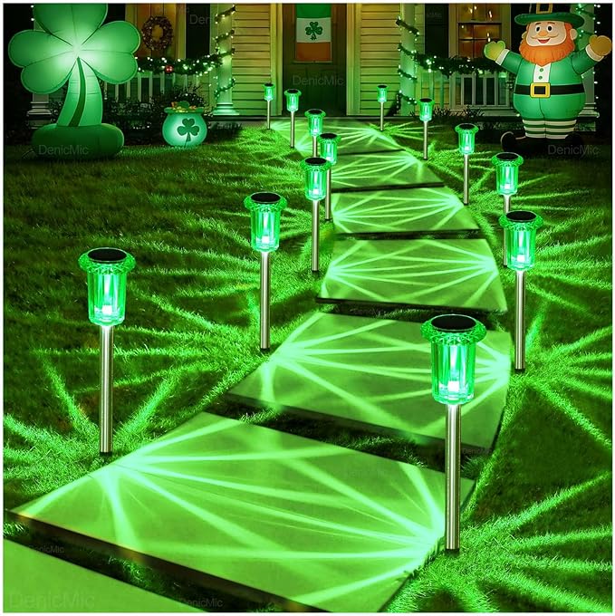 DenicMic St Patricks Day Decorations Solar Lights Outdoor 10 Pack Waterproof Green LED Stainless Steel Stake Outside Lights for Yard Pathway Garden Driveway Walkway Landscape Path Lighting