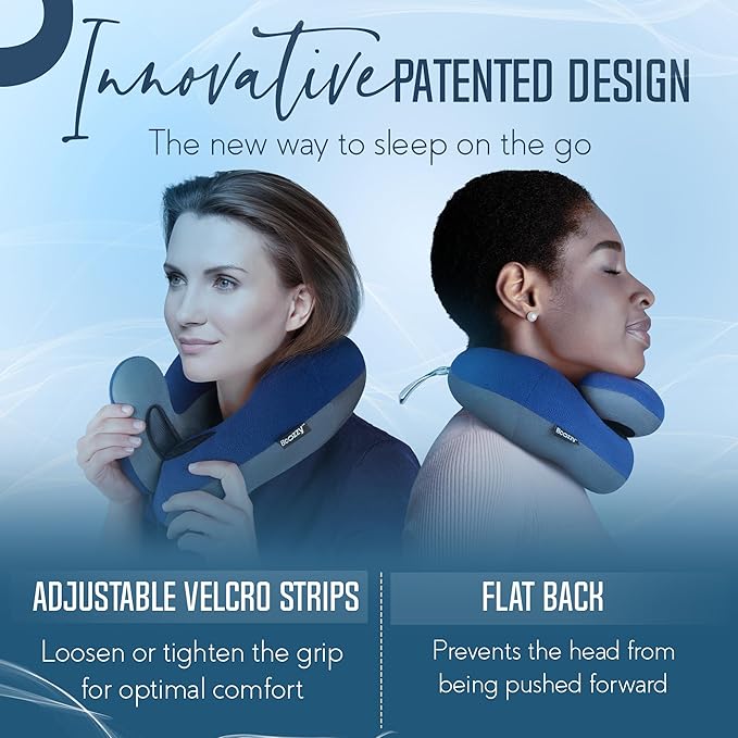 BCOZZY Travel Neck Pillow for Airplane – Patented Double Support for Head, Neck, and Chin. Best for Long Flights, Plane Sleeping & Car Rides. Adjustable Size. Fully Washable. Carry Bag. X-Large, Black