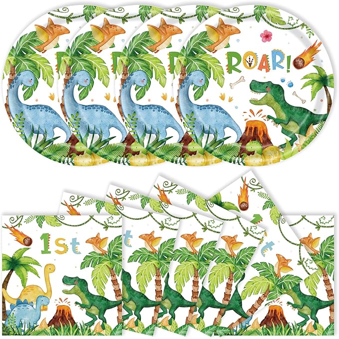 40pcs Watercolor Dinosaur Paper Plates and Napkins Party Supplies, 9 Inch Disposable Dinosaur Birthday Plates and Napkins Tableware Set for Kids Boys Birthday Decorations Serves 20