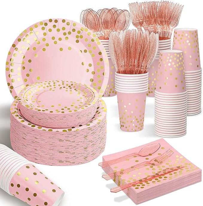 AIRE 175PCS Pink Rose Gold Plates Party Supplies Severs 25 Guests Disposable Party Decorations, Plastic Forks Knives Spoons, Golden Dot Paper Plates Napkins Cups for Baby Shower Birthday Wedding