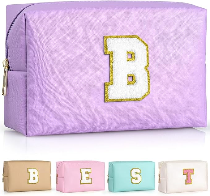 TOPEAST Preppy Patch Makeup Bag, Chenille Letter Pouch Cosmetic Bag, PU Leather Waterproof Toiletry Bag, Personalized Birthday Gift for Women Girl, Cute Stuff for Girls (Purple B)