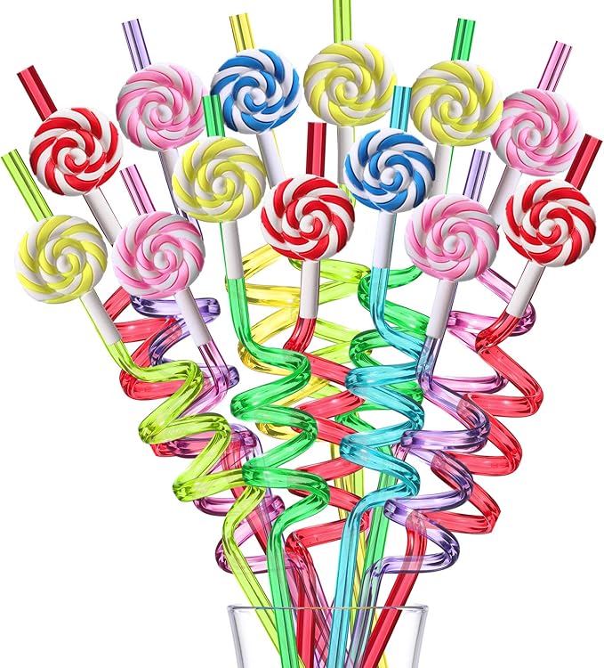 Candyland Party Supplies Drinking Plastic Straws Reusable 24 for Kids Sweet Candy Lollipop Birthday Party Favors with 2 Cleaning brush
