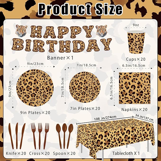 142PCS Leopard Print Party Decorations,Jungle Animal theme Decorations Include Tableware, Plate, Cup, Napkin, Cutlery, Animal Cheetah Print Birthday Party Supplies Serve 20