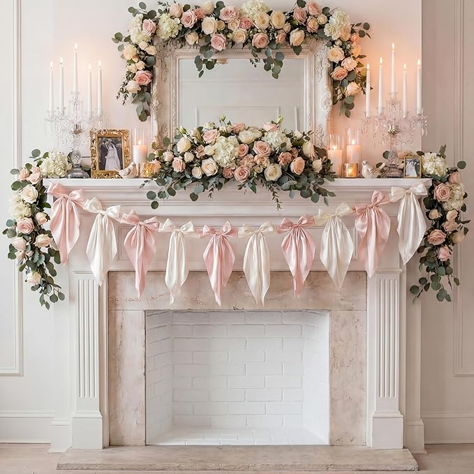 VitalCozy 1 PCS White Pink Bow Garland Banner, Satin Ribbon Hanging Party Bow Garland Decoration for Birthday Baby Shower Wedding Party Supplies
