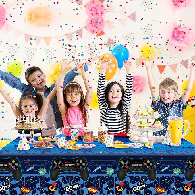 Tatuo 3 Pcs Video Game Table Cover, Game Theme Birthday Decoration Plastic Table Cloth Party Supplies for Boys Girls Kids Player Geek Party Decorations, 54 x 108 Inch (Blue)