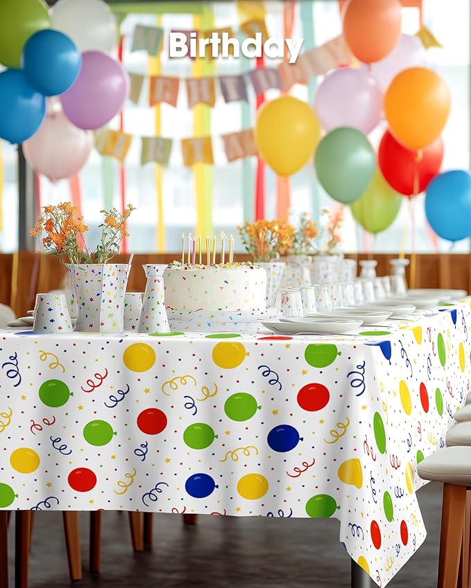 Pureegg Plastic Table Cloth Disposable 10 Pack, 54 x 108 Inch Table Cloths, Birthday Party Decorations, Picnic, White Tablecloths, Rectangle, Colorful, Rainbow Cover, Leakproof & Sturdy, Balloon