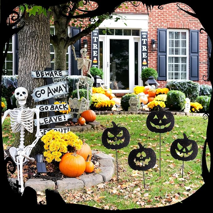 Chunful 4 Pcs Halloween Decorative Garden Stakes Jack O Pumpkin Garden Stakes for Flower Planter Pot Outdoor Metal Yard Sign Day of The Dead Decorations Halloween Patio Lawn Decor