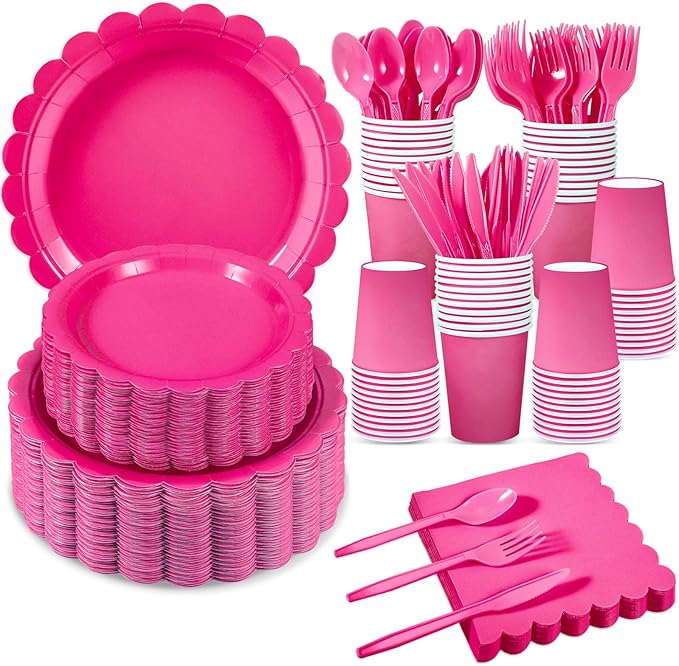 350 Pcs Hot Pink Paper Plates and Napkins, 50 Guest Hot Pink Party Supplies Include Scalloped Plates Napkins Cups Plastic Cutlery for Baby Shower,Birthday,Bridal Shower