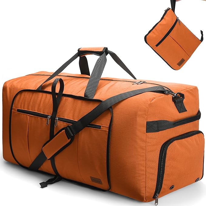 120L Foldable Waterproof Travel Duffel Bag for Men and Women with Shoe Compartment (Orange, EXTRA LARGE, 120L)