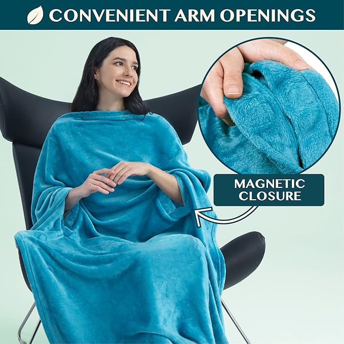 PAVILIA Travel Blanket and Pillow, Arms Opening Airplane Blankets for Adults, Compact Plane Blanket with Arm Hole 2-in-1 Bag for Flight Car Camping Fit in Luggage Backpack Traveler Gift, Teal Blue