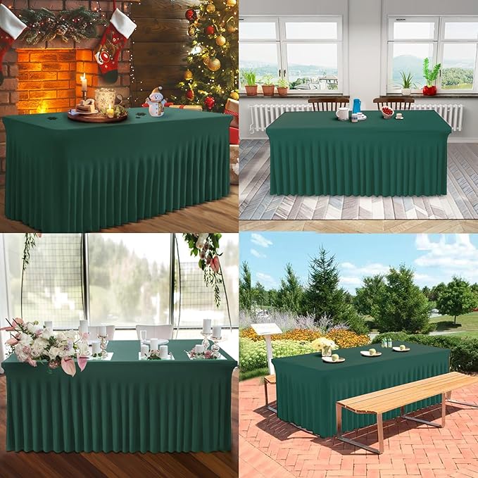 Table Skirt for 4 Foot Tables - 2 Pack One-Piece Hunter Green Tablecloths and Skirt, Wrinkle Resistant Ruffles Elastic Cover for Banquets, Weddings, Events, Parties