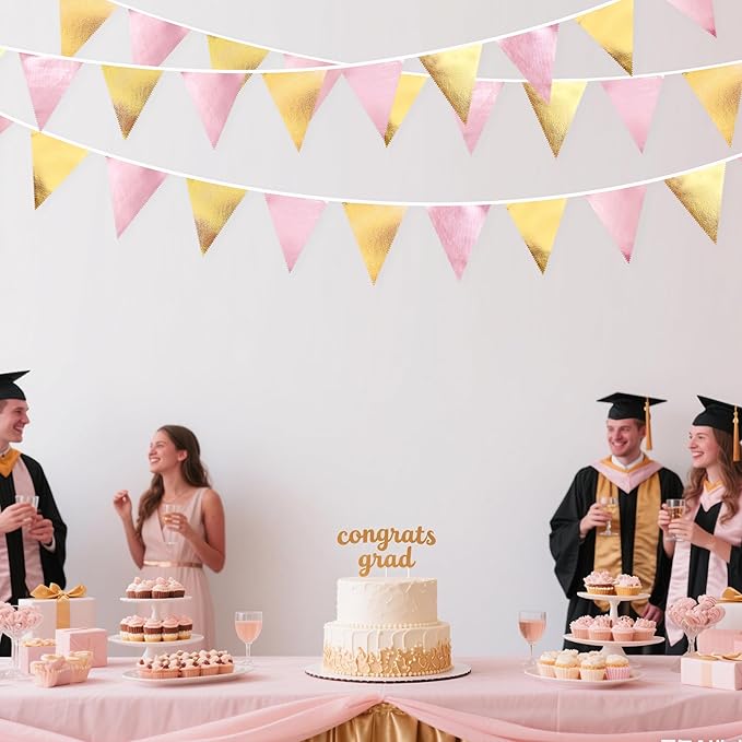 Pink Gold Party Decoration Metallic Fabric Light Pink Gold Triangle Pennant Banner Flag Bunting Garland for Women Girl Birthday Retirement Graduations Bridal Shower Wedding Baby Shower Party Supplies